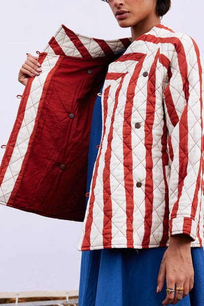 Brick red stripe print quilted jacket