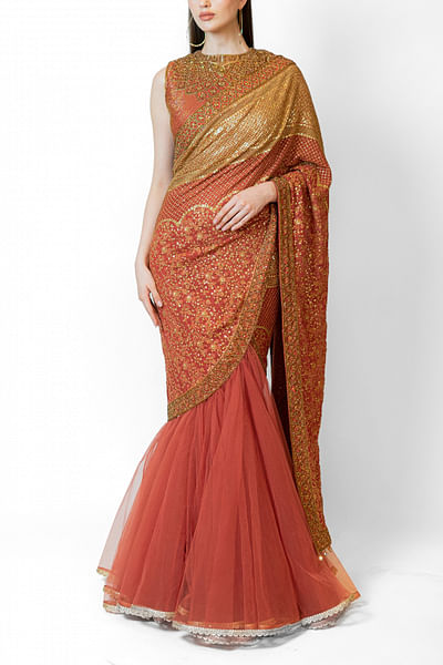 Brick red zari embroidered lehenga sari set