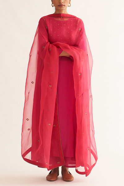 Bright pink floral motif embroidery organza dupatta