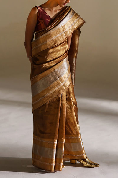 Bronze woven tissue silk sari set
