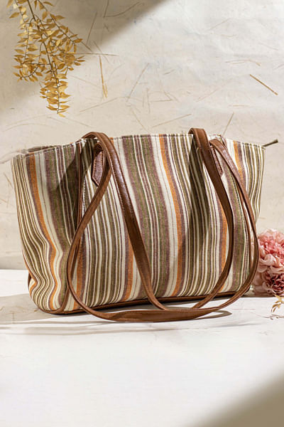 Brown and green striped tote bag
