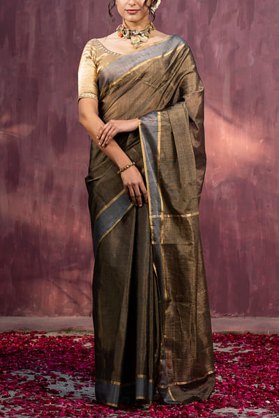 Brown and grey zari handwoven sari