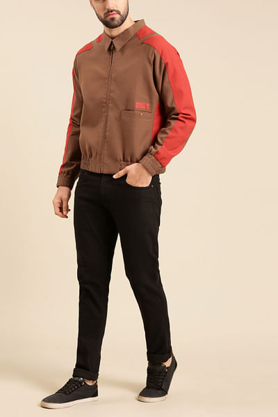 Brown and red colour block bomber jacket
