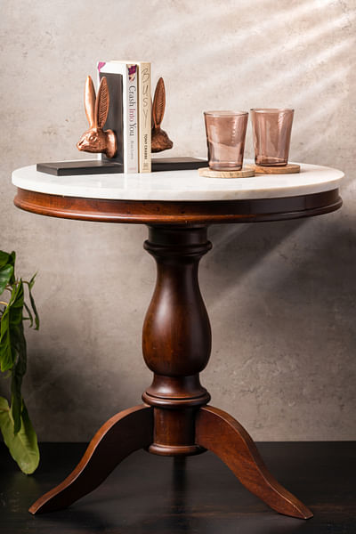 Brown and white marble and wood table