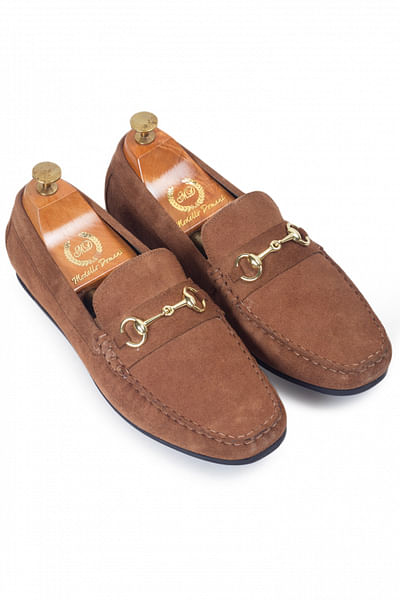 Brown buckle suede loafers