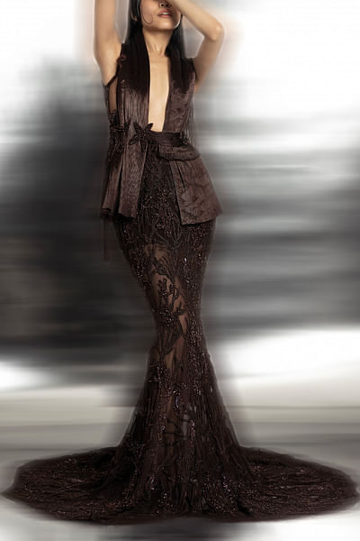 Brown cutdana and bead embellished trail gown