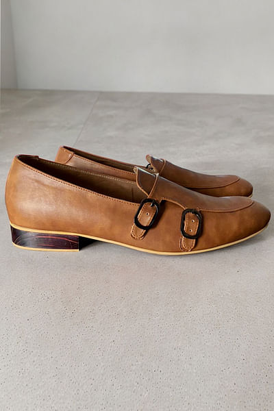Brown double monk strap shoes