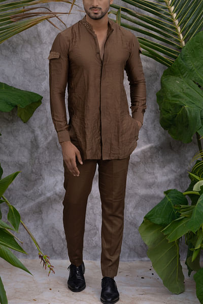 Brown embroidered crushed shirt kurta set