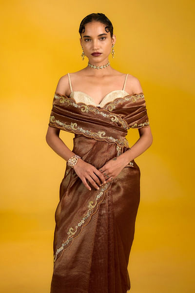 Brown floral embroidered woven banarasi sari