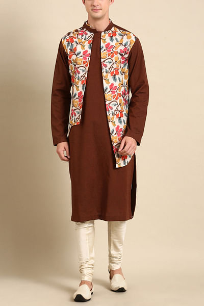 Brown floral print layered kurta set