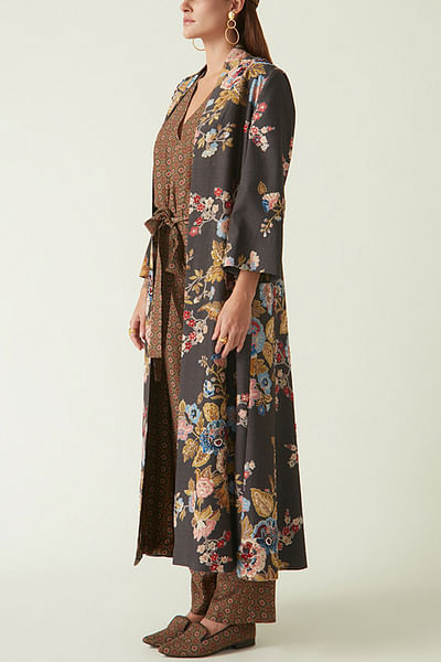 Brown floral print long jacket