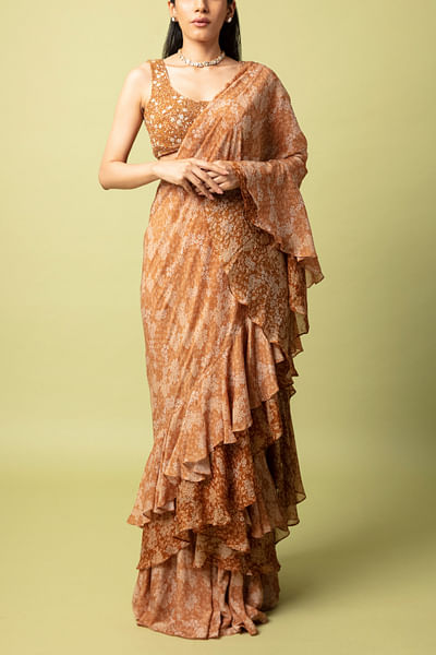 Brown floral print pre-stitched saree set