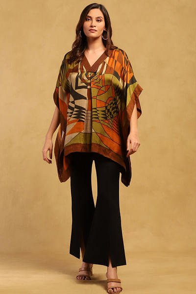 Brown geometric printed kaftan kurta