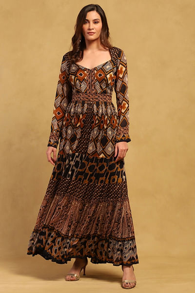 Brown geometric printed maxi dress