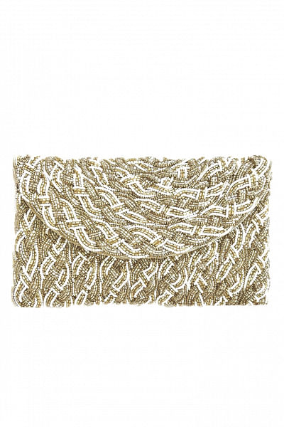 Brown glass beads and bugle beads braided clutch
