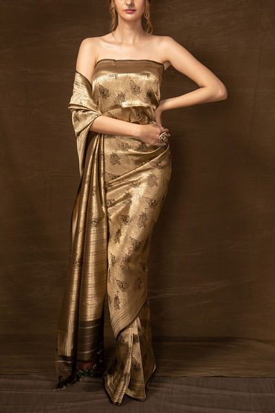 Brown handwoven banarasi silk sari