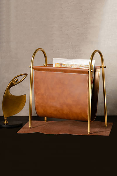 Brown leather magazine holder