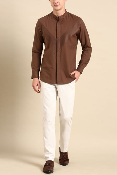Brown micro pintuck shirt