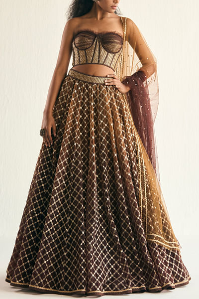 Brown ombre geometric embroidery lehenga set