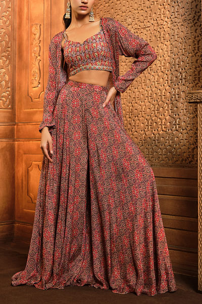 Brown printed jacket sharara set