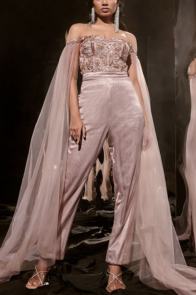 Brown sequin embroidery draped jumpsuit