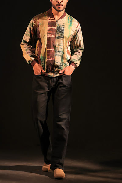 Brown tie-dye print patchwork bomber jacket