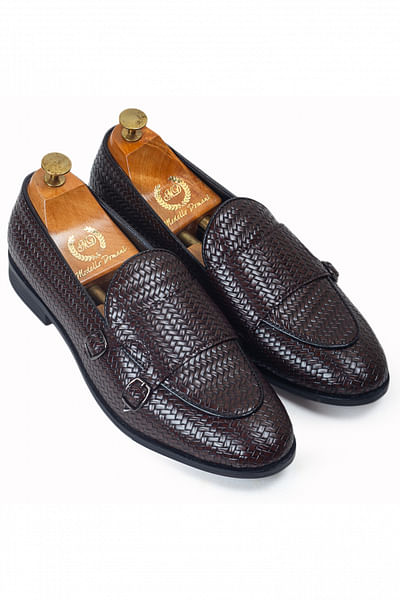 Brown woven monk loafers