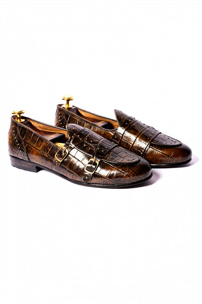 Brushed brown leather monk loafers