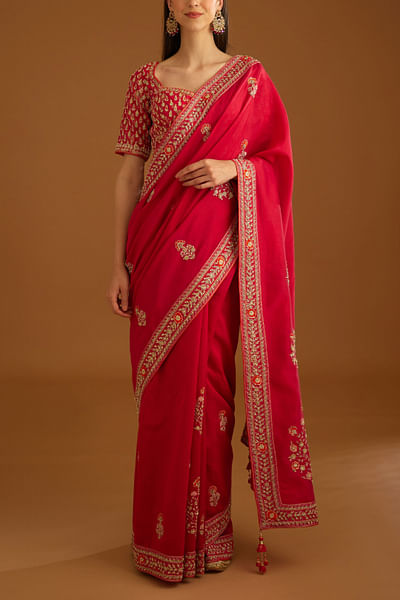 Burberry red zardozi embroidered sari set