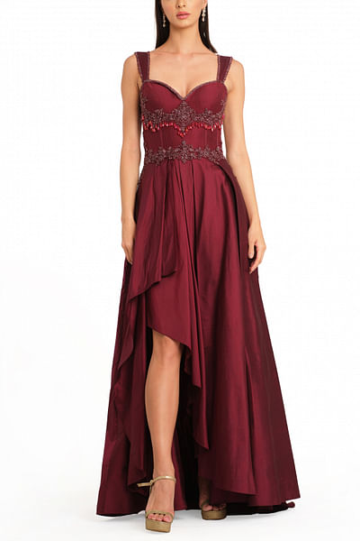 Burgundy cutdana embroidery layered gown