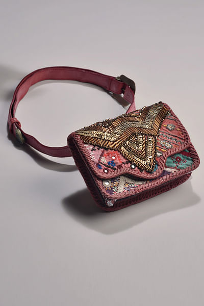 Burgundy embroidered belt bag
