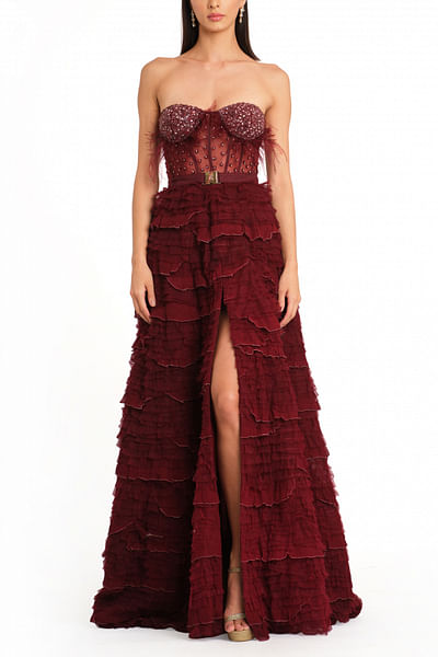 Burgundy frill detailed gown