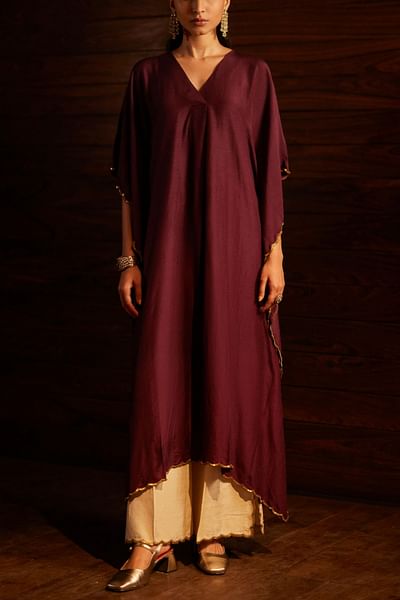 Burgundy scallop sequin embellished woven kaftan set