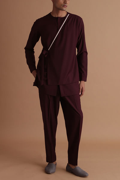 Burgundy tie-up detail short kurta set