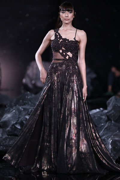 Burnt brown crystal and pearl embroidery gown