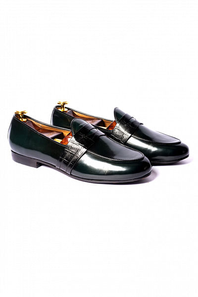 Burnt green leather penny loafers