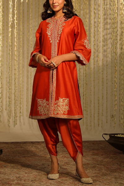 Burnt orange floral embroidery kurta set