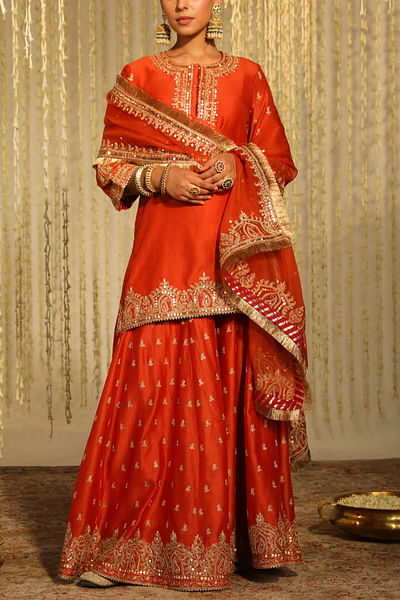 Burnt orange paisley embroidery sharara set