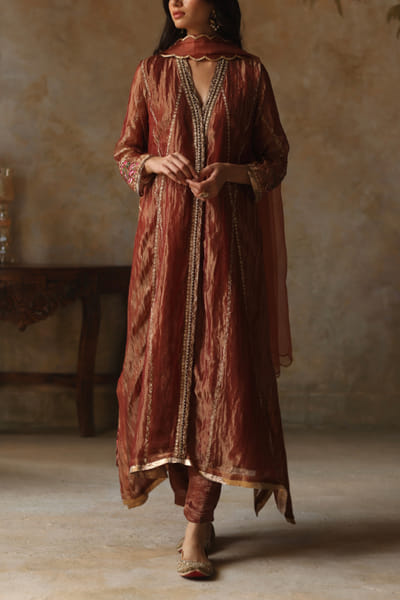 Burnt orange silk tissue kurta set
