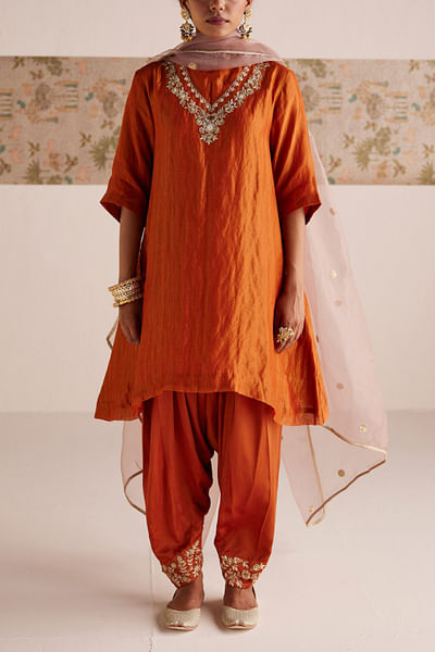 Burnt orange zardozi embroidery kurta set