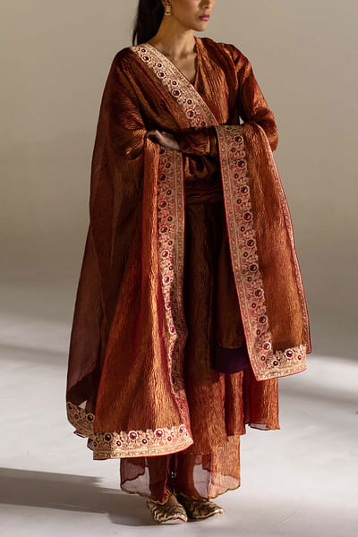Burnt red embellished kurta set