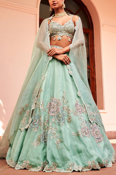 Cadet blue floral embroidered lehenga set