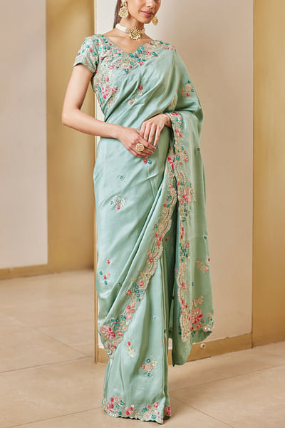 Cadet blue zari and thread embroidered sari set