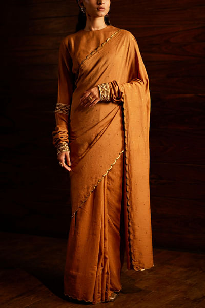 Camel scallop sequin embellished woven sari set