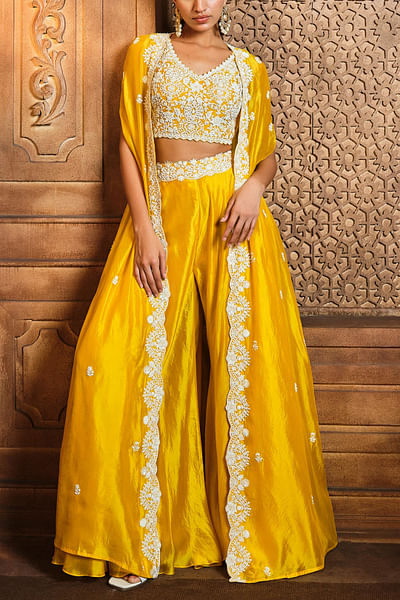 Canary yellow embroidered sharara set