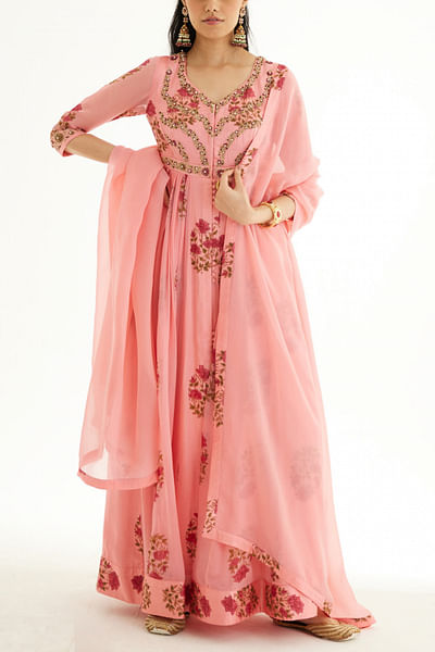 Candy pink floral block print anarkali set