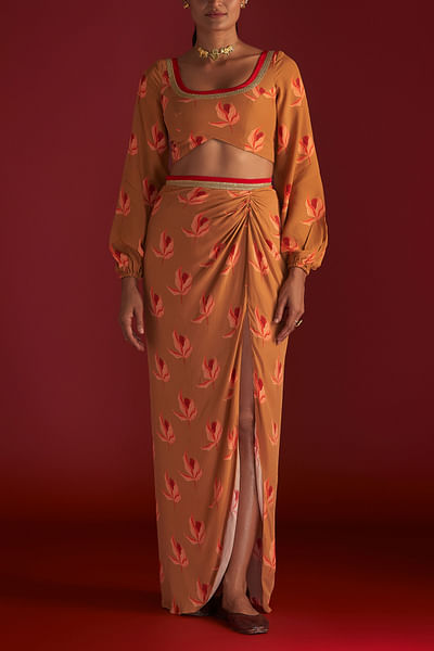 Caramel floral print draped skirt set