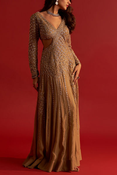 Copper gold embroidered gown