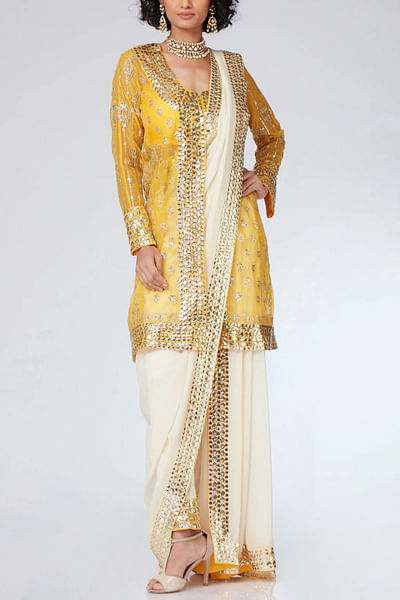 Carnation yellow zari embellished kurta sari set