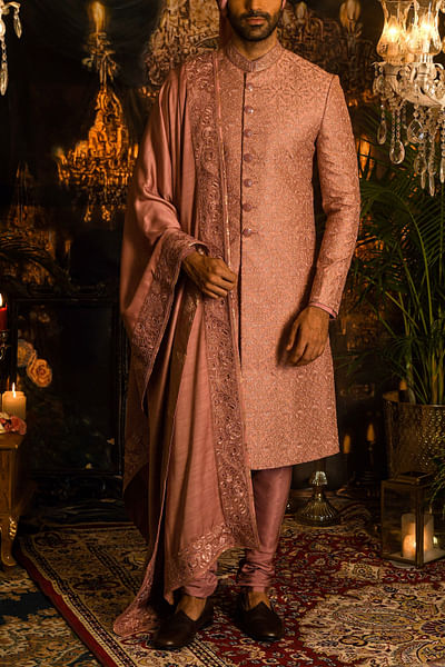 Cashmere rose floral embroidery sherwani set